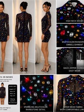 Black High-Neck Mini Dress with Multicolor Rhinestones Mew Mews  NWT